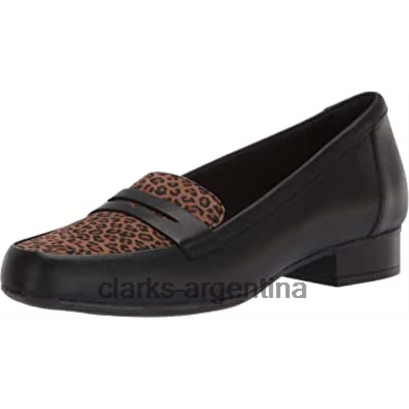 Clarks mujer 2FZPZ1005 Mocasines Juliet Coast para mujer Clarks de cuero negro con leopardo sintético leopardo sintético de cuero negro