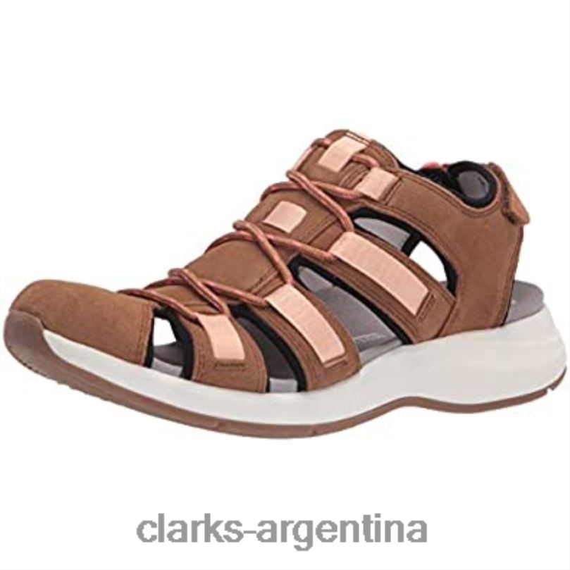 Clarks mujer 2FZPZ2603 Sandalia plana Clarks Solan Sail de piel y ante color canela oscuro para mujer