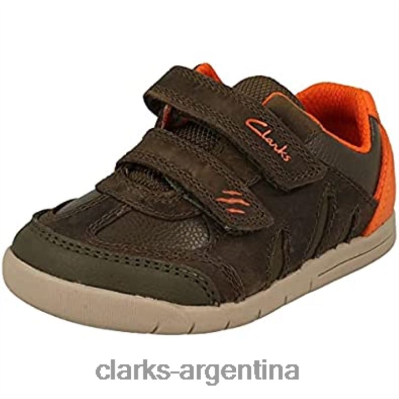 Clarks niños 2FZPZ1744 Zapatos clarks rex play para niños de cuero verde caqui con cinta adhesiva para niños 6 g de cuero caqui